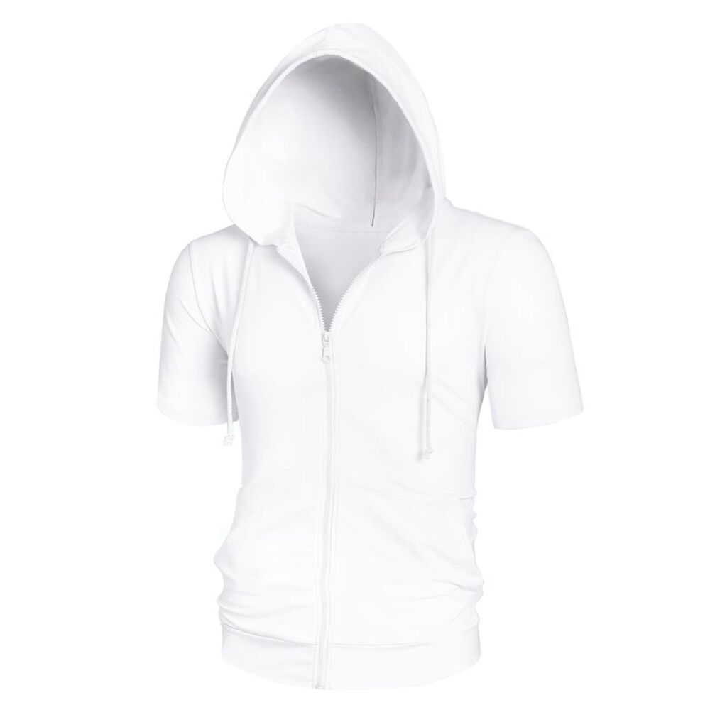 Men's Hoodies Solid Color Zip Up Short Sleeve Jackets with Hood White